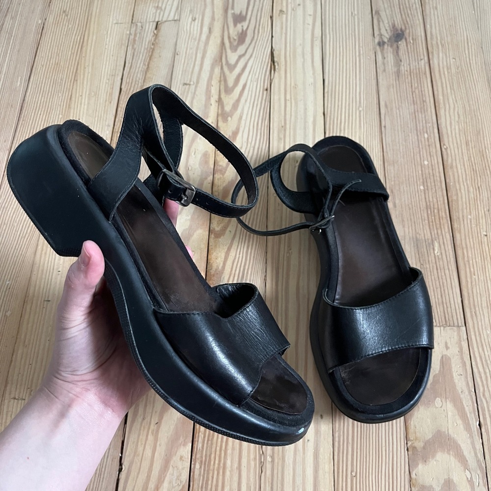Dansko Platform Sandals Womens 40 Black Leather Ankle Strap Wedge Portugal